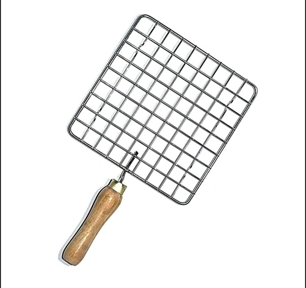 2086 KITCHEN SQUARE STAINLESS STEEL ROASTER PAPAD JALI, BARBECUE GRILL WITH WOODEN HANDLE