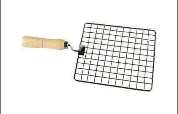 2086 KITCHEN SQUARE STAINLESS STEEL ROASTER PAPAD JALI, BARBECUE GRILL WITH WOODEN HANDLE