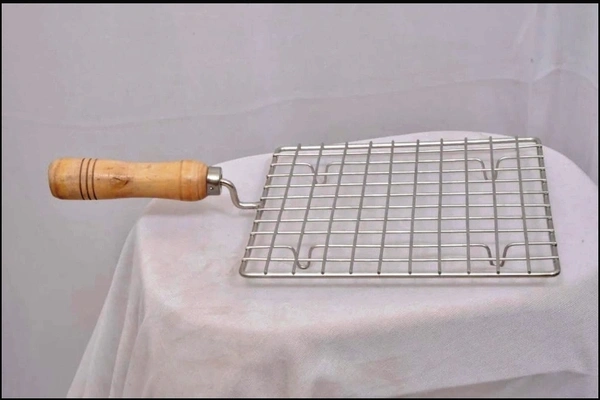 2086 KITCHEN SQUARE STAINLESS STEEL ROASTER PAPAD JALI, BARBECUE GRILL WITH WOODEN HANDLE