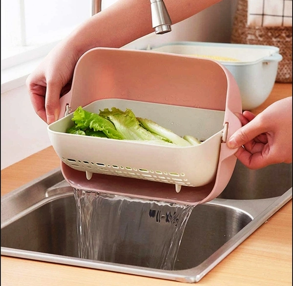 2717 MULTIFUNCTIONAL BPA FREE DOUBLE LAYERED PLASTIC ROTATABLE STRAINER BOWL WITH HANDLES FOR WASHING, RINSING, SERVING VEGETABLES & FRUITS (MULTICOLOR)