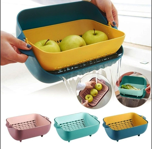 2717 MULTIFUNCTIONAL BPA FREE DOUBLE LAYERED PLASTIC ROTATABLE STRAINER BOWL WITH HANDLES FOR WASHING, RINSING, SERVING VEGETABLES & FRUITS (MULTICOLOR)