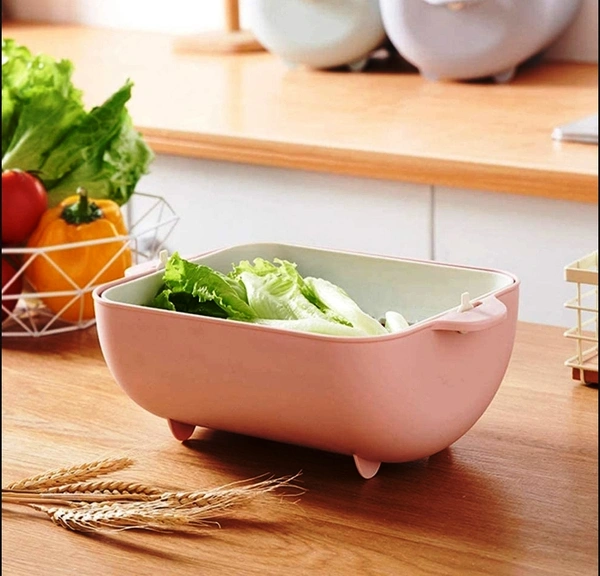 2717 MULTIFUNCTIONAL BPA FREE DOUBLE LAYERED PLASTIC ROTATABLE STRAINER BOWL WITH HANDLES FOR WASHING, RINSING, SERVING VEGETABLES & FRUITS (MULTICOLOR)