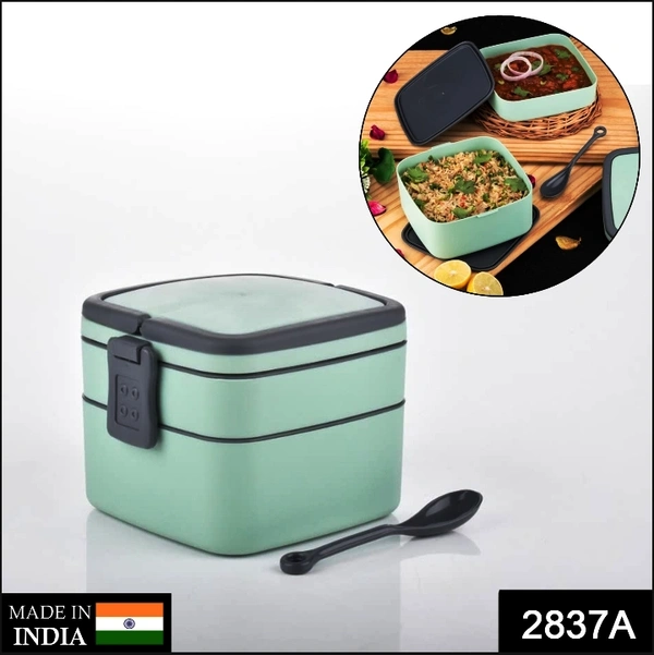 2837A GREEN DOUBLE-LAYER PORTABLE LUNCH BOX STACKABLE WITH CARRYING HANDLE AND SPOON LUNCH BOX , Bento Lunch Box