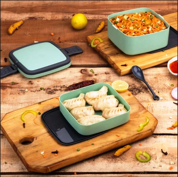 2837A GREEN DOUBLE-LAYER PORTABLE LUNCH BOX STACKABLE WITH CARRYING HANDLE AND SPOON LUNCH BOX , Bento Lunch Box