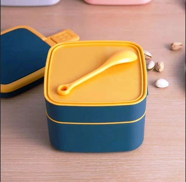 2838A BLUE DOUBLE-LAYER PORTABLE LUNCH BOX STACKABLE WITH CARRYING HANDLE AND SPOON LUNCH BOX , Bento Lunch Box