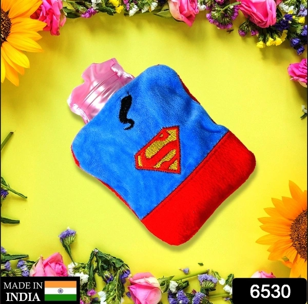 6530 SUPERMAN PRINT SMALL HOT WATER BAG WITH COVER FOR PAIN RELIEF, NECK, SHOULDER PAIN AND HAND, FEET WARMER, MENSTRUAL CRAMPS
