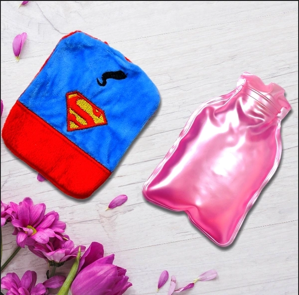 6530 SUPERMAN PRINT SMALL HOT WATER BAG WITH COVER FOR PAIN RELIEF, NECK, SHOULDER PAIN AND HAND, FEET WARMER, MENSTRUAL CRAMPS