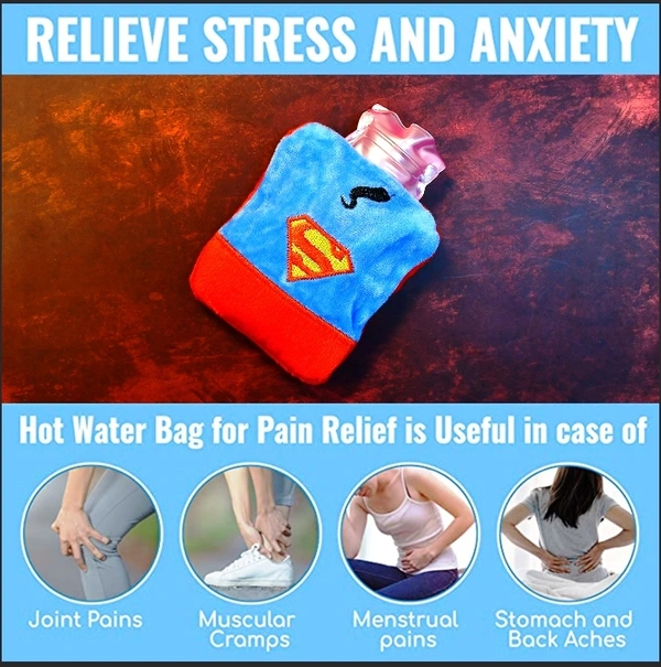 6530 SUPERMAN PRINT SMALL HOT WATER BAG WITH COVER FOR PAIN RELIEF, NECK, SHOULDER PAIN AND HAND, FEET WARMER, MENSTRUAL CRAMPS