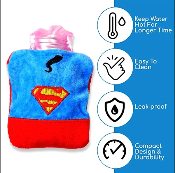 6530 SUPERMAN PRINT SMALL HOT WATER BAG WITH COVER FOR PAIN RELIEF, NECK, SHOULDER PAIN AND HAND, FEET WARMER, MENSTRUAL CRAMPS