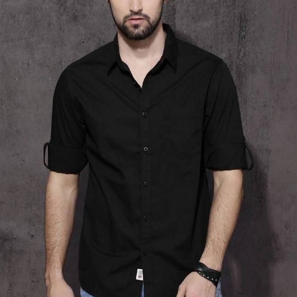 Men's Black Solid Cotton Full Sleeve Casual Shirt - L