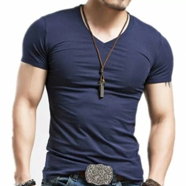 Men Navy Blue Solid Cotton V Neck Tees - M