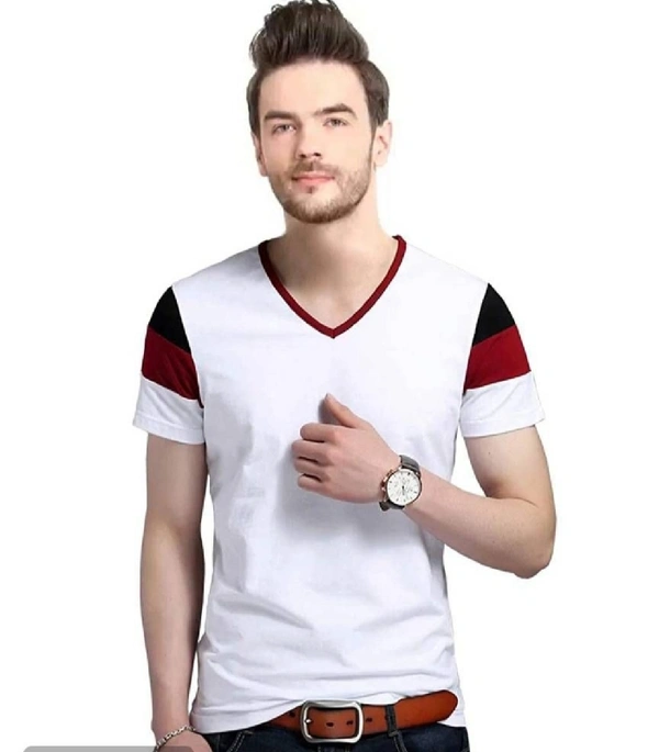 Stylish White Cotton Colourblocked V-Neck T-Shirt For Men - 2XL