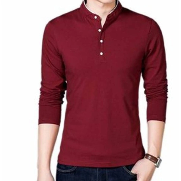 Men's Maroon Cotton Solid Mandarin Tees - L