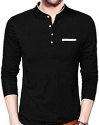 Elegant Black Solid Cotton Men's Mandarin Tees - M, Black