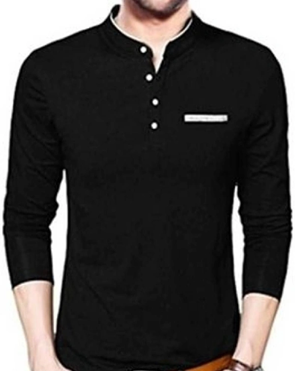 Elegant Black Solid Cotton Men's Mandarin Tees - M, Black