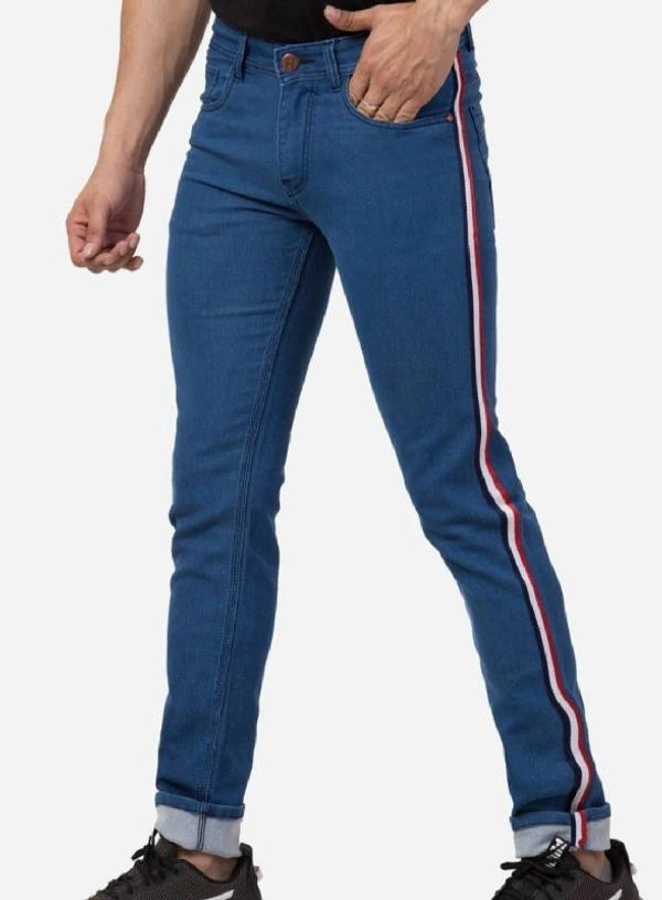 Men Blue Cotton Stretchable Solid Slim Fit Jeans  with Lace Stripe - 32