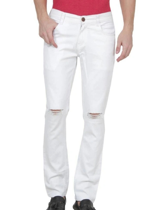Men's White Denim Distress Regular Fit Jeans - 30