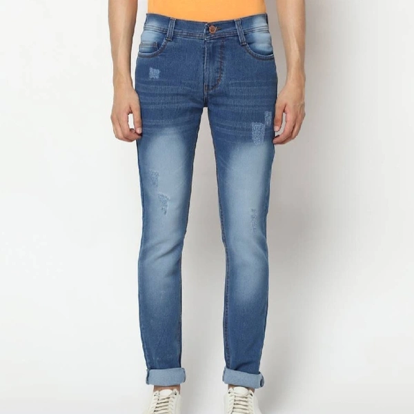 Men's Stylish Blue Distress Denim Slim Fit Low-Rise Jeans - 36