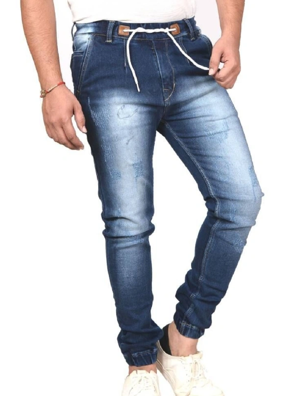 Men's Blue Denim Faded Mid-Rise Jogger Jeans - 34