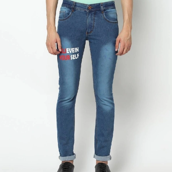 Fashionable Blue Denim Printed Jeans For Men - 34