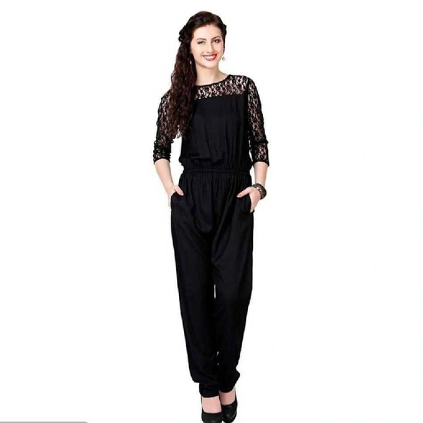 Stylish Black Lace Work Crepe Jumpsuit For Women - 2XL