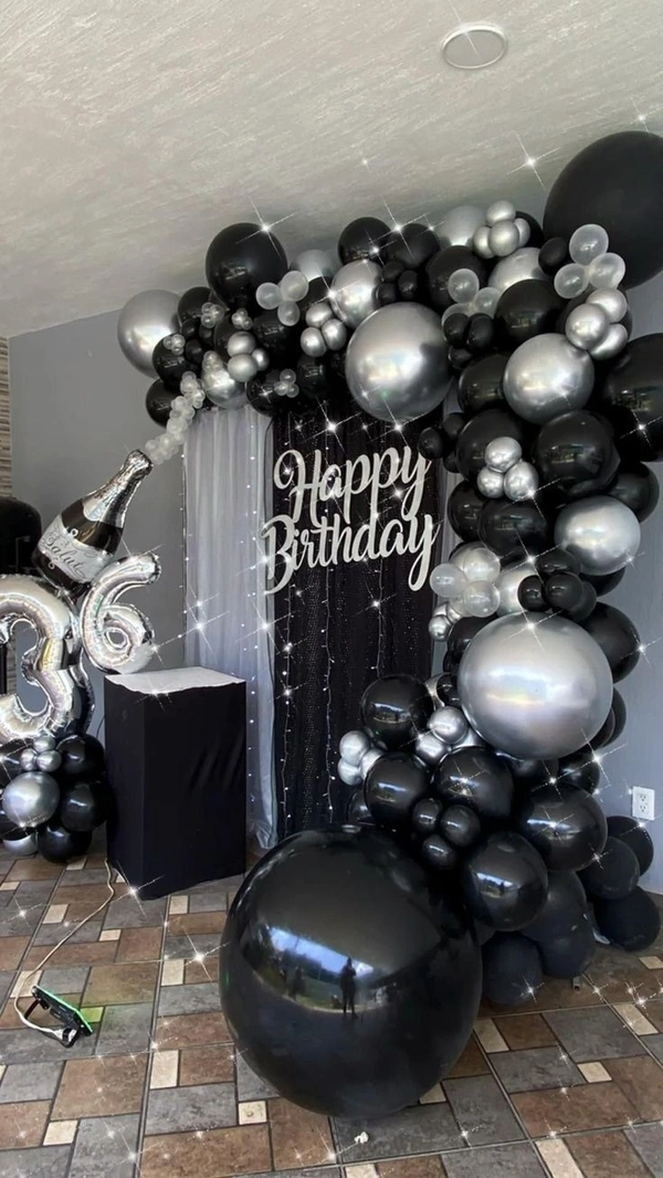 Birthday Backdrop With Balloons "Matt/Chrome Silver & Black" - Silver Chalice