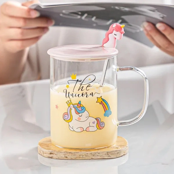Unicorn Glass Mug with Lid and spoon