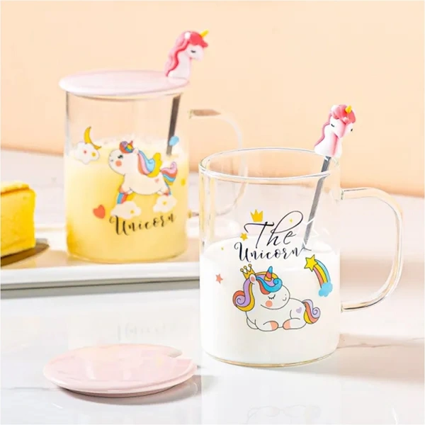 Unicorn Glass Mug with Lid and spoon