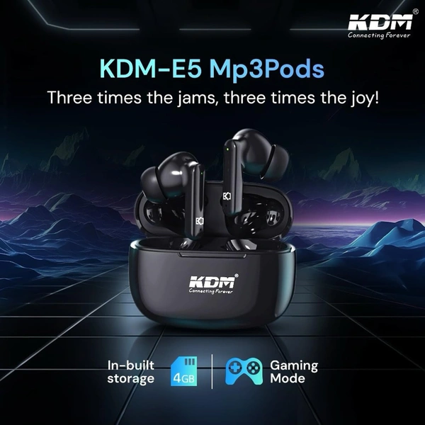 kdm KDM – E5 MP3PODS TWS, Truly Wireless in Ear Earbuds, with 40 Hrs Playtime, ENC, Quad Mic, Gaming Mode, Type-C Fast Charging, Buds, Navy Blue
