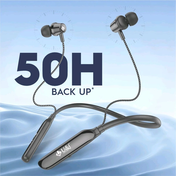 U&i Crisp Series 50 Hours Music Time Bluetooth Neckband | 60MS Low Latency & Vibration Alert - Black