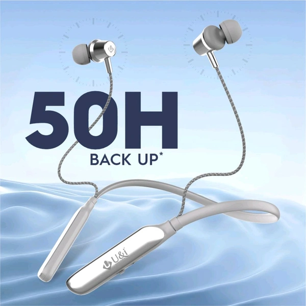 U&i Crisp Series 50 Hours Music Time Bluetooth Neckband | 60MS Low Latency & Vibration Alert - Silver