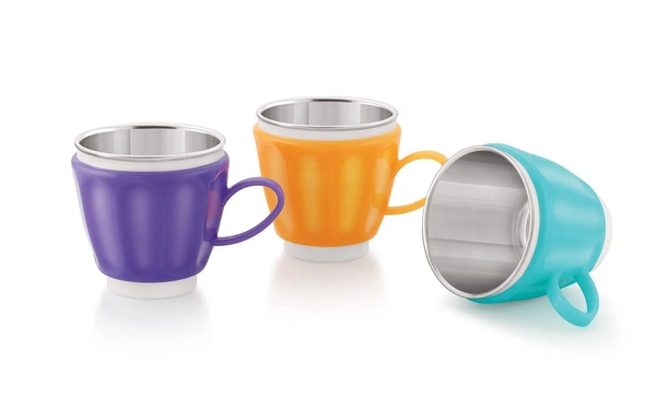 NEW FANCY STEEL CUPS WITH OUTER PLASTIC EVOLO MEDIUM STEEL CUPS (SET OF 6) -200ML
