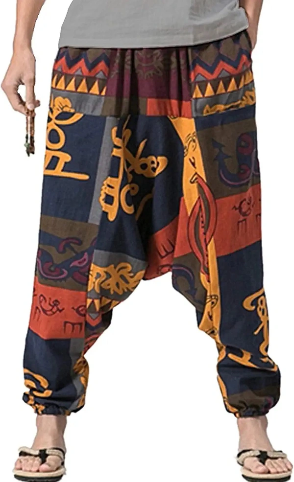 Mens Cotton Printed Harem Pants Pockets Yoga Trousers