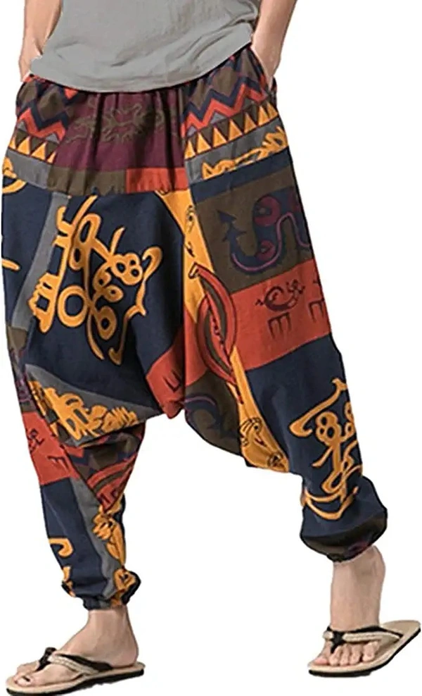 Mens Cotton Printed Harem Pants Pockets Yoga Trousers