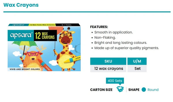 Apsara Wax Crayons 12 Sh 12 MRP