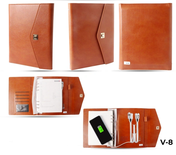 V-8 Diary Folder with 8000 mAh Power Bank and Phone Stand W/ Wireless Charger