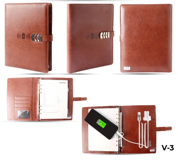 V-3 Diary Folder with 8000 mAh Power Bank and Phone Stand W/ Wireless Charger