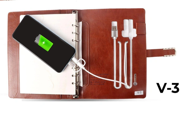 V-3 Diary Folder with 8000 mAh Power Bank and Phone Stand W/ Wireless Charger