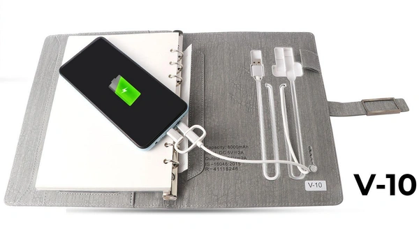 V-10 Diary Folder with 8000 mAh Power Bank and Phone Stand & Wireless Charger
