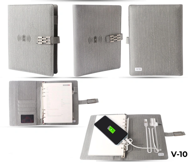 V-10 Diary Folder with 8000 mAh Power Bank and Phone Stand & Wireless Charger