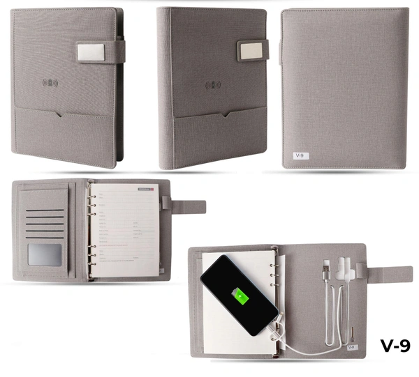 V-9 Diary Folder with 8000 mAh Power Bank 16 GB USB & Wireless Charger