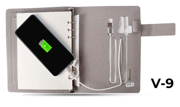V-9 Diary Folder with 8000 mAh Power Bank 16 GB USB & Wireless Charger