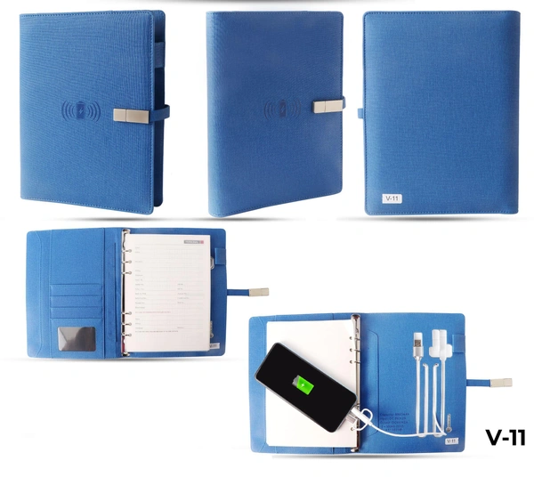 V-11 Diary Folder with 8000 mAh Power Bank 16 GB USB & Wireless Charger