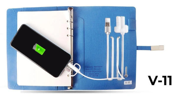 V-11 Diary Folder with 8000 mAh Power Bank 16 GB USB & Wireless Charger
