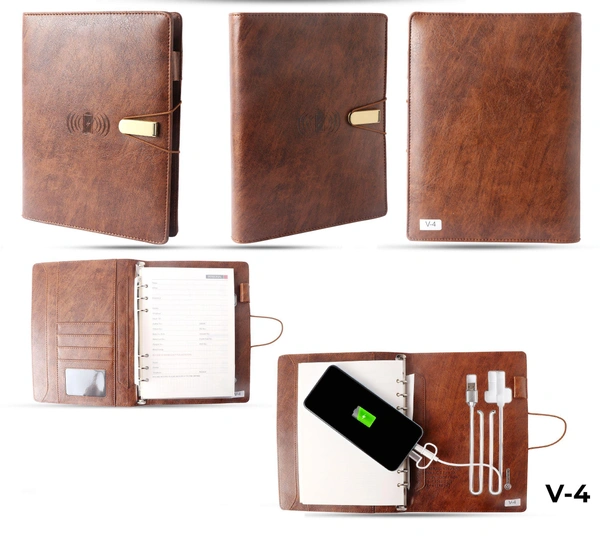 V-4 Diary Folder with 8000 mAh Power Bank 16 GB USB & Wireless Charger