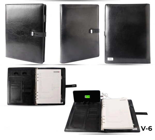 V-6 Diary Folder with 8000 mAh Power Bank and Phone Stand & Wireless Charger
