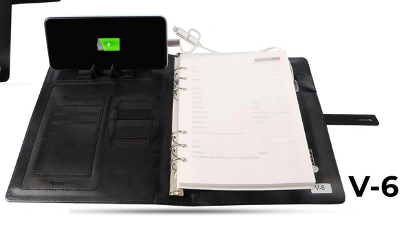 V-6 Diary Folder with 8000 mAh Power Bank and Phone Stand & Wireless Charger