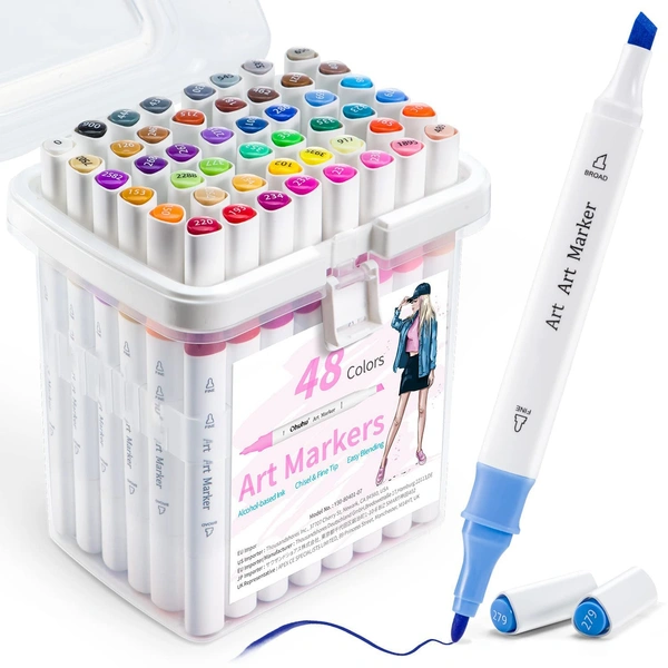 Dual Tip Colorful Alcohol Art Markers with Broad Chisel and Fine Round Tip for Manga Anime Drawing Illustrations & Fashion Designing (Pack of 48 Unique Color)