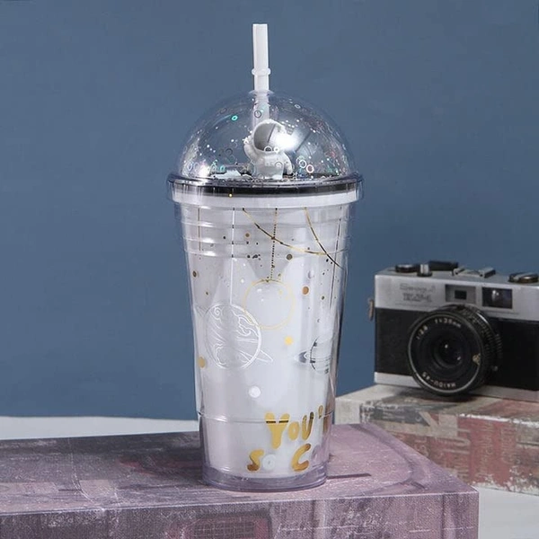 Sipper Bottle Space and Astronaut Straw, Water Sipper Tumbler Glass with Straw Space Galaxy Planet Astronaut Sipper Sparkle Design