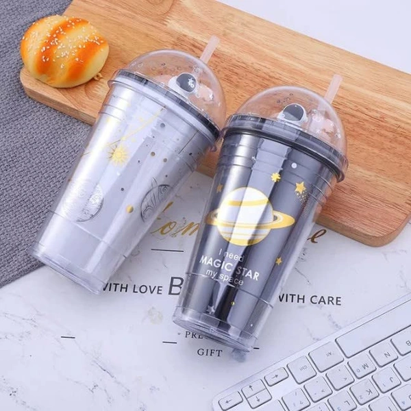 Sipper Bottle Space and Astronaut Straw, Water Sipper Tumbler Glass with Straw Space Galaxy Planet Astronaut Sipper Sparkle Design